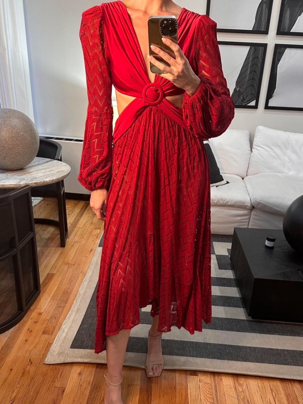 PatBO Red Cutout Midi Dress with Ring Detail and Sheer Bishop Sleeves